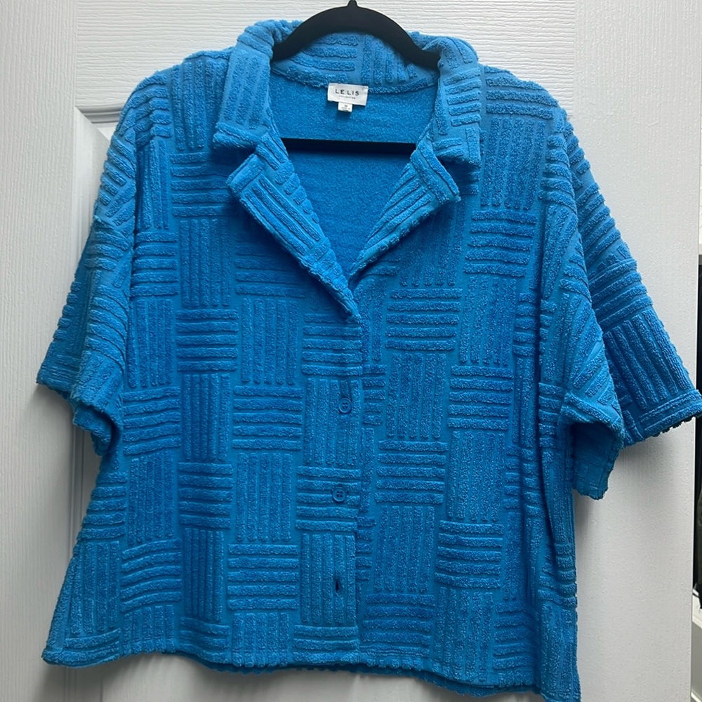 Blue Terry Short Sleeve Oversized Button Down in Bottega Veneta Pattern, Size M